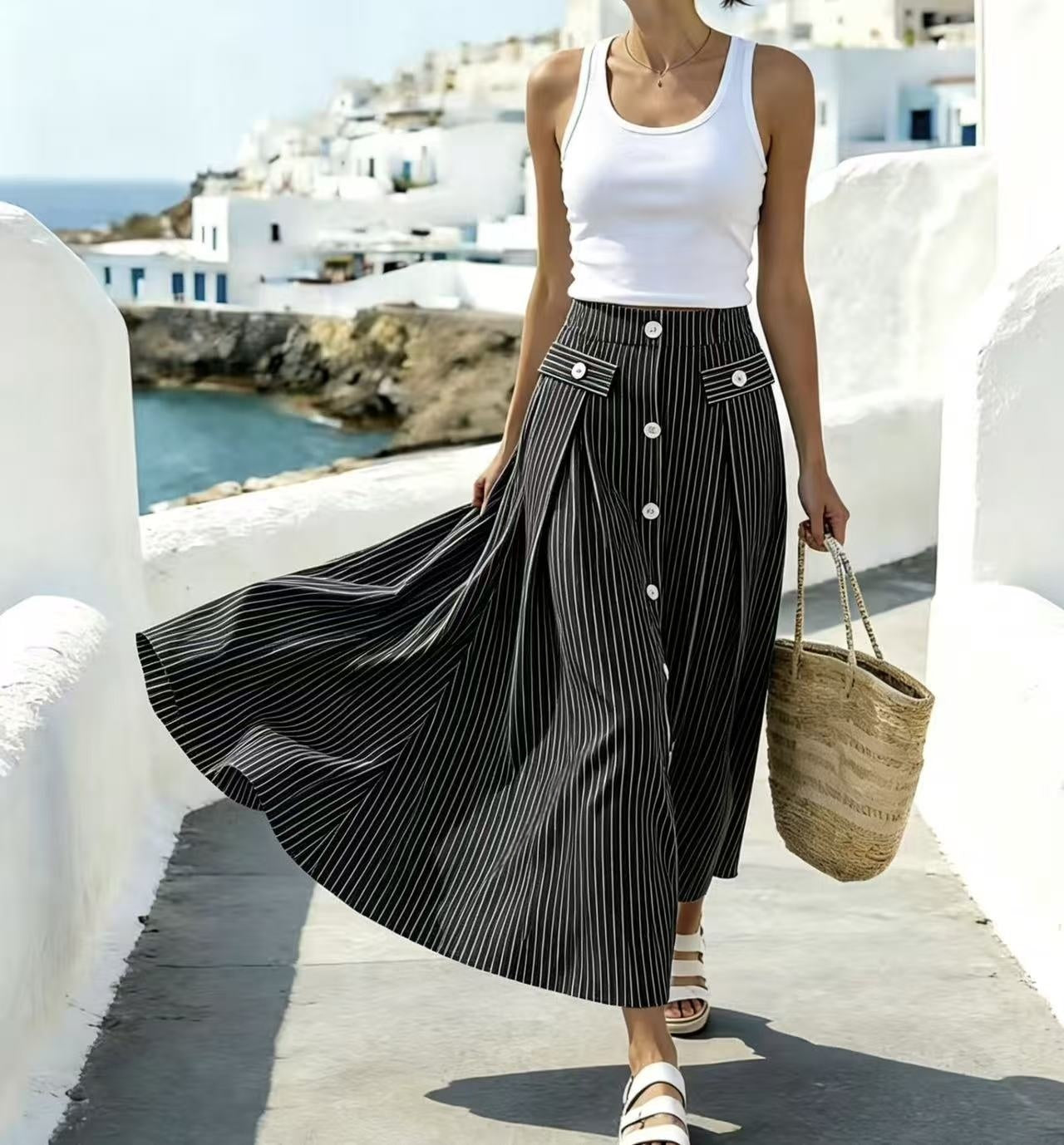 Striped High-Waisted Ankle-Length Skirt